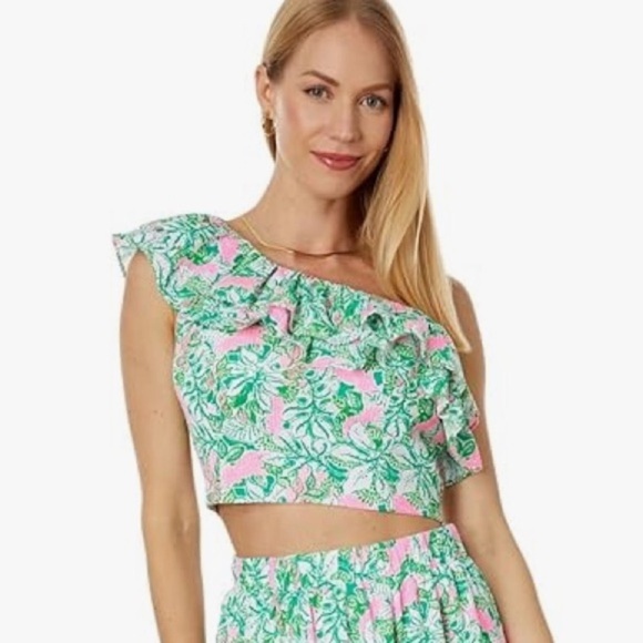 Lilly Pulitzer Kasida One Should Ruffle Crop Top Women’s Size 2 Botanical Green - Picture 1 of 9